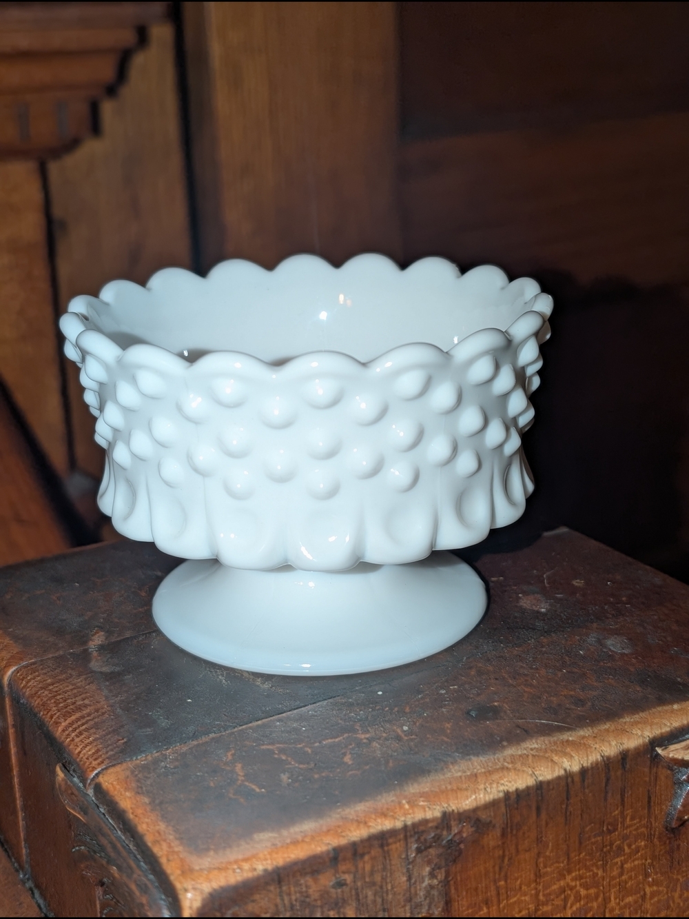 Vintage Fenton Milk Glass Scalloped Hobnail Candle Holder--signed Fenton